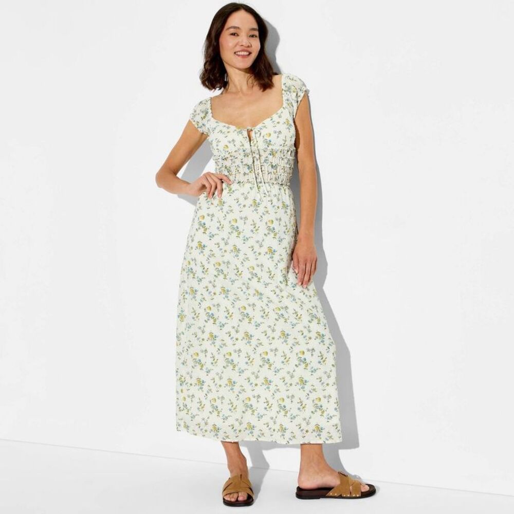 Women's Cap Sleeve Smocked Midi Dress - Wild Fable White Floral L